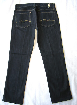 7 For All Mankind Straight Jean Wm Sz 27  Dark Blue+Stretch+Gold Stitching L27.5