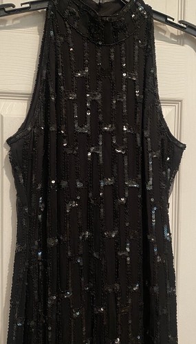 Vtg Scala Black Pure Silk Fully Beaded Long Formal Gown Sz PL Petite High Neck - Picture 3 of 8