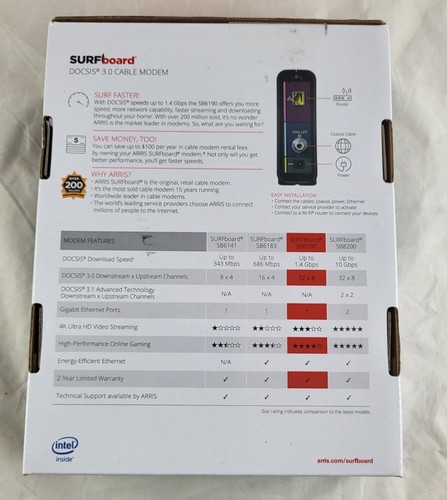 Cable módem ARRIS DOCSIS 3,0 Gbps 32 x 8 SURFboard SB6190 negro 0R12440#2 - Imagen 2 de 3