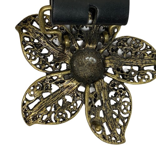 Fellini Italy Black Leather Belt Women's size M Flower Buckle Rhinestone - Picture 2 of 7