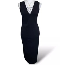 New York & Co 7th Avenue Black Heavy Knit MIDI Sleeveless Lace Up Plunge Dress M
