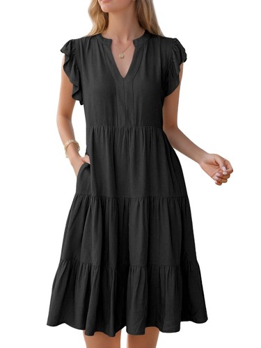 Women's Summer Ruffle Sleeve V Neck Midi Dress Fit Flowy Tiered Boho Sundress - Bild 2 von 14