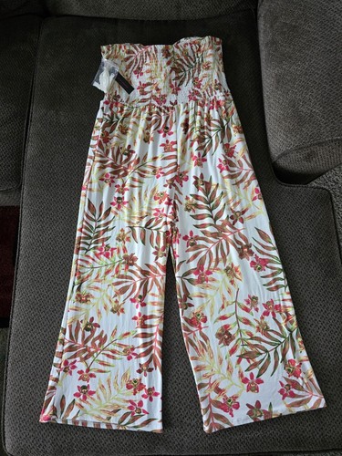 No Boundaries Floral WideLeg Jumpsuit Women Sz L Smocked Back Strapless TieFront - Picture 11 of 13