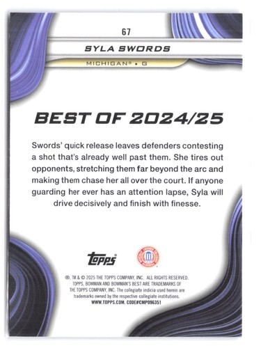 2024-25 Bowman University Best Syla Swords #67 Shimmer Refractor RC - Picture 2 of 2