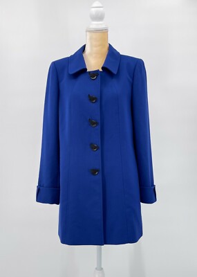 Tahari Arthur Levine Blue Crepe' Coat Jacket Mid-Length Ribbon
