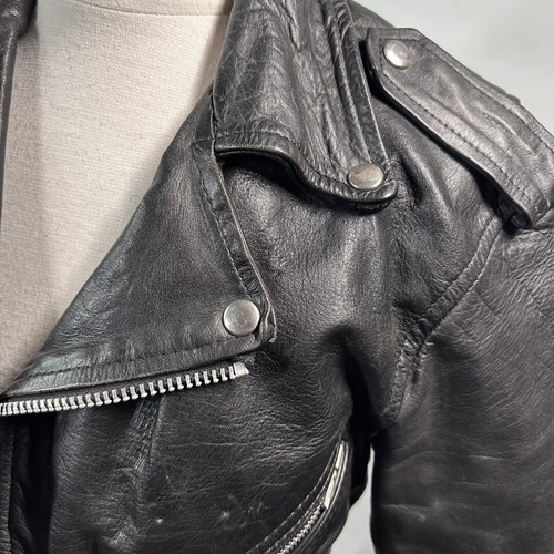 Vintage Echtleder Bikerjacke Damen S schwarz Gürtel Reißverschluss - Bild 6 von 10