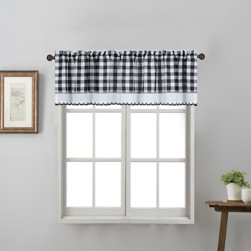 1 Piece Buffalo Check Plaid Gingham Crochet Trimmed Rod Pocket Window Valance - Picture 1 of 6