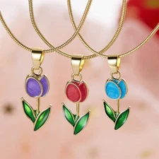 Fashion 14k Gold plated Cubic Zirconia Tulips Flower Pendant Necklace Jewelry