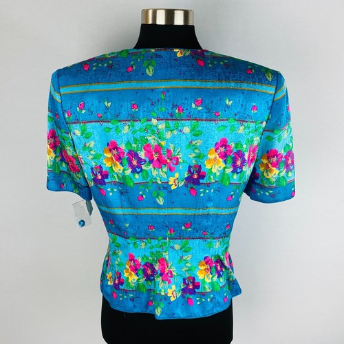 Adriana Papell Bold Colored Floral Stripe Button Down Collarless Women's Top 8 - Picture 9 of 11