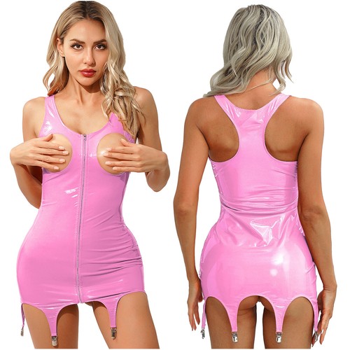 Mini abiti donna wet look vernice petto aperto con giarrettiera clip clubwear - Foto 22 di 41