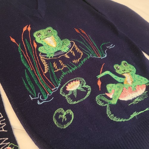 Vintage 70er Jahre bestickt Frösche dunkelblau schöner Pullover (S) Cyn Totles einzigartig süß - Bild 10 von 24