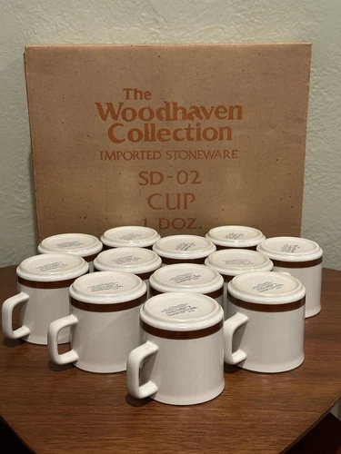 Set of 12 - Stoneware Coffee Mugs - The Woodhaven Collection | Cream & Brown