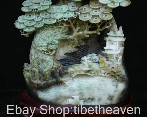 9.2" Chinese Natural Dushan Jade Carving money tree landscape pavilion Statue - Picture 4 of 13