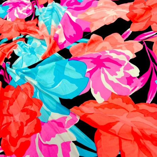 Pink and Blue Coral Hawaiian Flowers Print Nylon Spandex Fabric 4 Way Strech - Picture 6 of 7