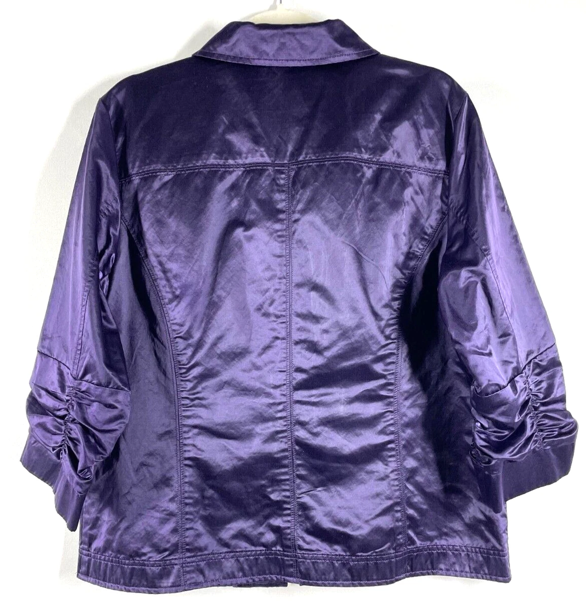 Chico s Womens Metallic Purple Ruched Sleeve Windbreaker Jacket
