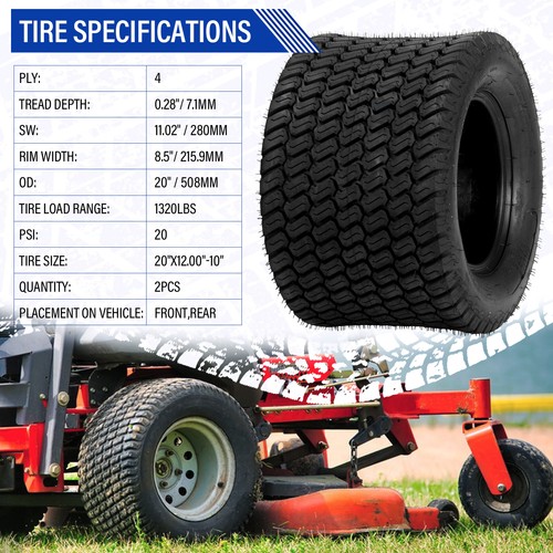 Two 20x12.00-10 20x12-10 20x12x10 Lawn Mower Garden Turf Tires 4 Ply Rated - Picture 6 of 10