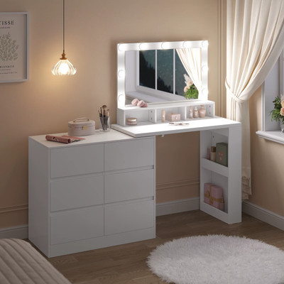 Make-Up-Waschtisch Mit Verstellbarer Led-Beleuchtung, Schminktisch Und 6-Schubla