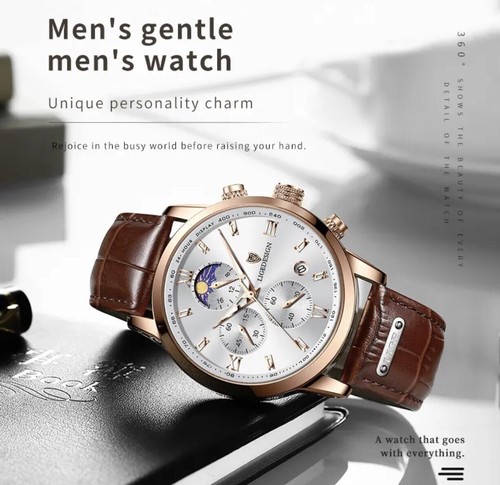 LIGE Herren Armbanduhr Chronograph Gehäuse Roségold Zifferblatt Silber - Bild 3 von 8