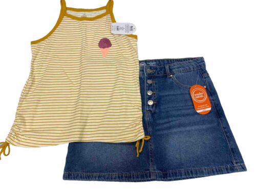 Girls Outfit Size Large 10-12 Plus Skirt Set Tank Jean Skirt Yellow Stripes New