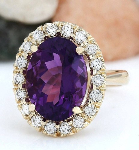 6.30 Ct Oval Cut Natural Amethyst & Diamond Wedding Ring 14K Solid Yellow Gold - Picture 2 of 8