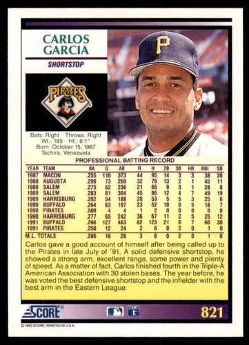 1992 puntaje #821 Carlos García novato - Imagen 2 de 2