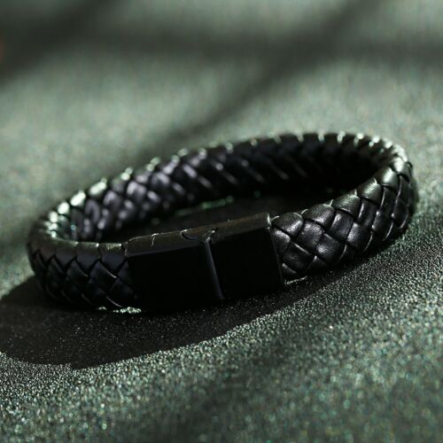 2 Pcs Natural Lava Stone Beaded Bracelets Men Bead Black Braided Leather Bangle - Picture 4 of 12