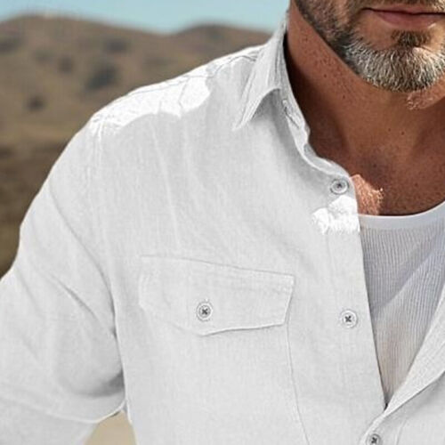 Mens Blouse Lapel Neck Shirts Men Casual Long Sleeve Holiday Solid Tops - Picture 10 of 36