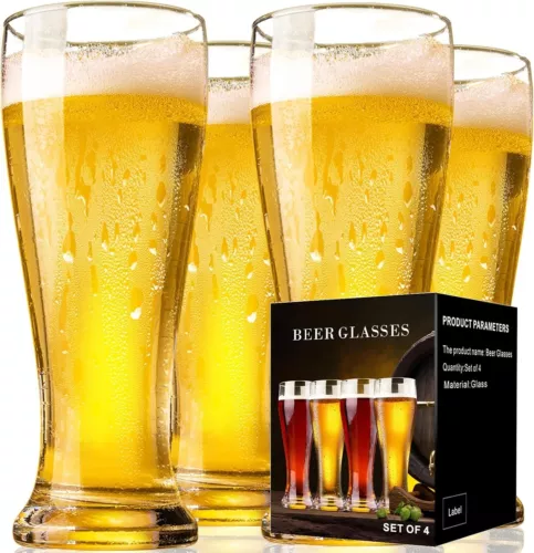 Set of 4 Beer Glasses - 16 oz Pint & Pilsner, Wheat Beer Glassware Gift