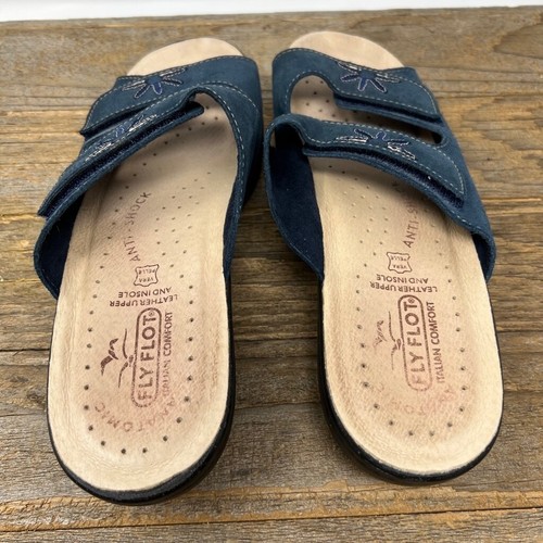 Fly Flot Sandals Womens 39 Blue Suede Wedge Floral Boho Cottagecore Coastal Open - Picture 11 of 14