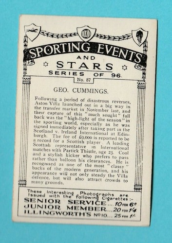 FOOTBALL - PATTREIOUEX - CARD NO. 87 - CUMMINGS OF ASTON VILLA - 1935 - Picture 2 of 2
