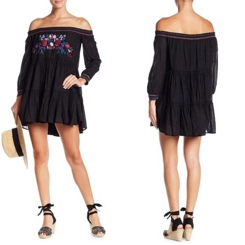 FREE PEOPLE Sunbeams Embroidered Smocked Off the Shoulder Boho Mini Dress S - Picture 3 of 12