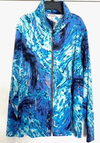 EXCLUSIVELY MISOOK Navy White Swirl Paillette Zip Stretch Knit Jacket 1X 16/18W - Picture 3 of 7