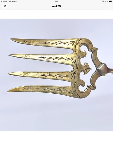 Rare Antq Ornate Motif Fish Dining Serving Set Silver Parcel Gilt Cutlery HTF - Picture 6 of 23