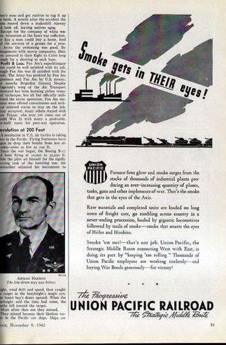 1942 UNION PACIFIC RAILROAD AD - WWII AD - SMOKE gets in their EYES