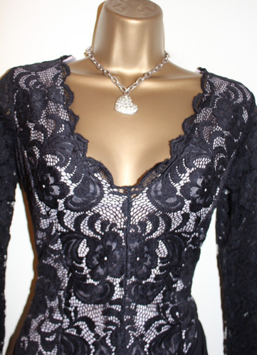 Lipsy Sexy Bodysuit Top 16 UK Black Nude Cream Scalloped Plunge Long Sleeve Body - Picture 5 of 15