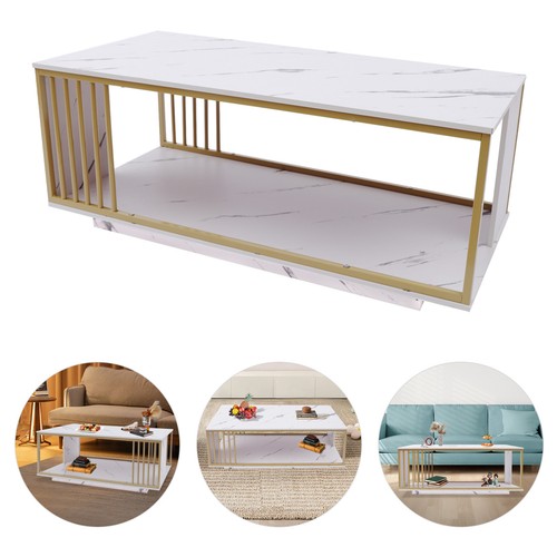 2 Tier White GOLD Coffee Table High Gloss Marble Veneer Rectangle Living Room - Picture 15 of 15