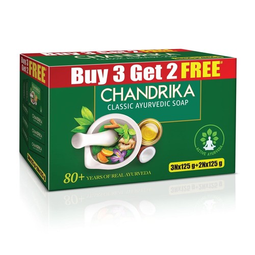 Chandrika Ayurvedic Handmade Soap, 125 grams (Pack of 3) with 2 Free 125 grams - Picture 3 of 6