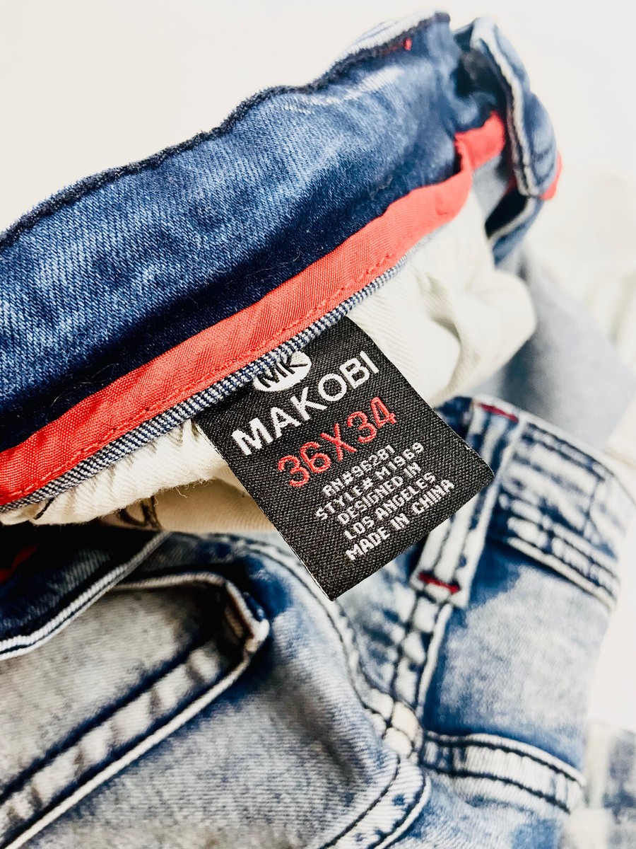 MAKOBI Jeans Men Sz 36x34 Ripped Acid Wash SlimStraight