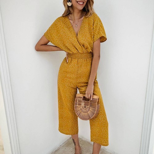 Womens Boho Holiday Jumpsuit Ladies V Neck Short Sleeve Playsuit Wide Leg Pants - Picture 11 of 15