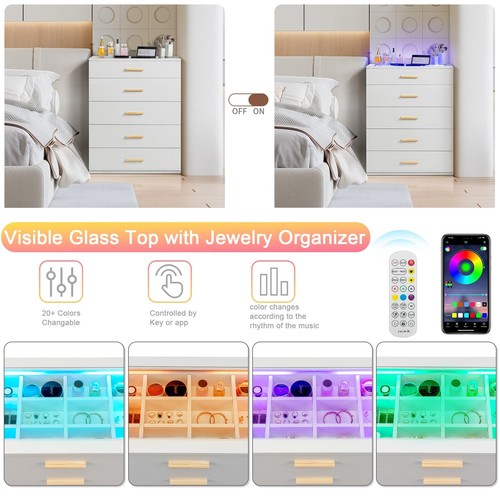 5-Drawer Storage Cabinet - Tempered Glass Top, RGB Lighting & White Nightstand - Picture 5 of 24