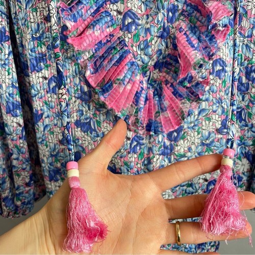 Diane Freis Vintage Blouse Ruffle Side Tie Sequins Blue Pink Top Eclectic Pleats - Picture 7 of 14