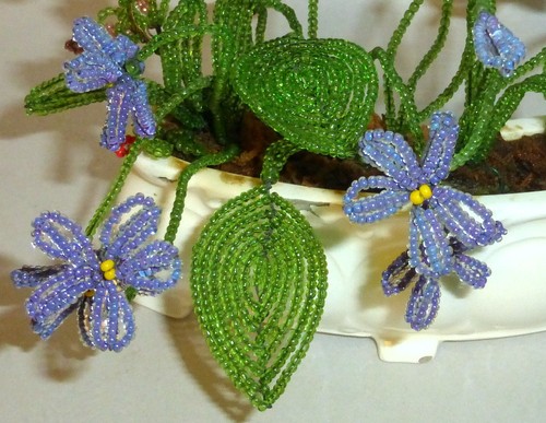 Antique Germany Hand Beaded Glass Violets & Leaves in 5" Flower Pot - Picture 4 of 5