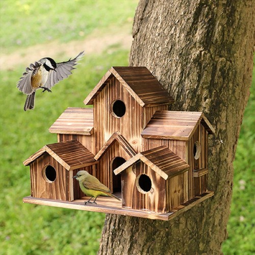 Outside Wooden Bird Houses Hanging 6 Hole Handmade Natural Bird House Yard New - Picture 7 of 12