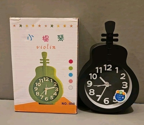 VIOLIN Bedroom Alarm Clock~Home Desk Clock~Silent Analog Black 6"T~*NEW IN BOX*