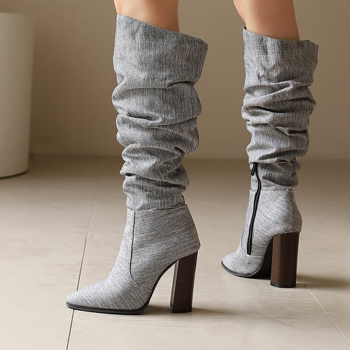 Brown Knee High Boots Women Chunky Heels PU Leather/Cloth Shoes Woman Size 4-18 - Picture 23 of 38