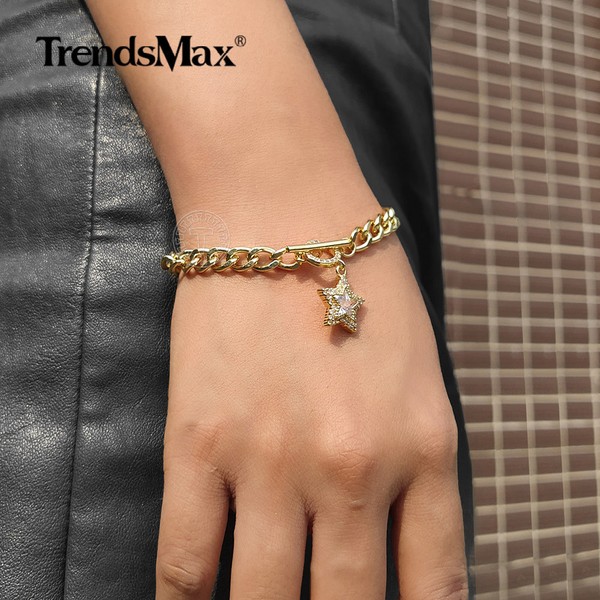 Alternate view of Yellow Gold Plated Paved Star Charm Bracelet Toggle Clasp Curb Cuban Chain