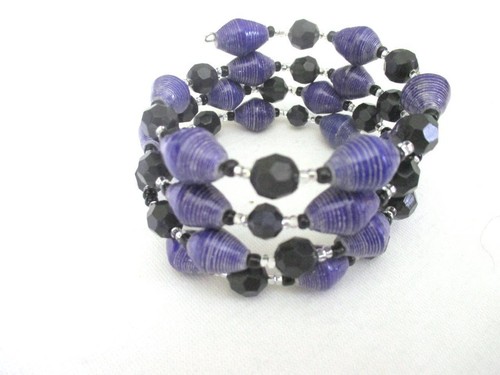Recycled Paper Bead Purple Wrap Spiral Bracelet Black Silver Accents - Picture 2 of 2