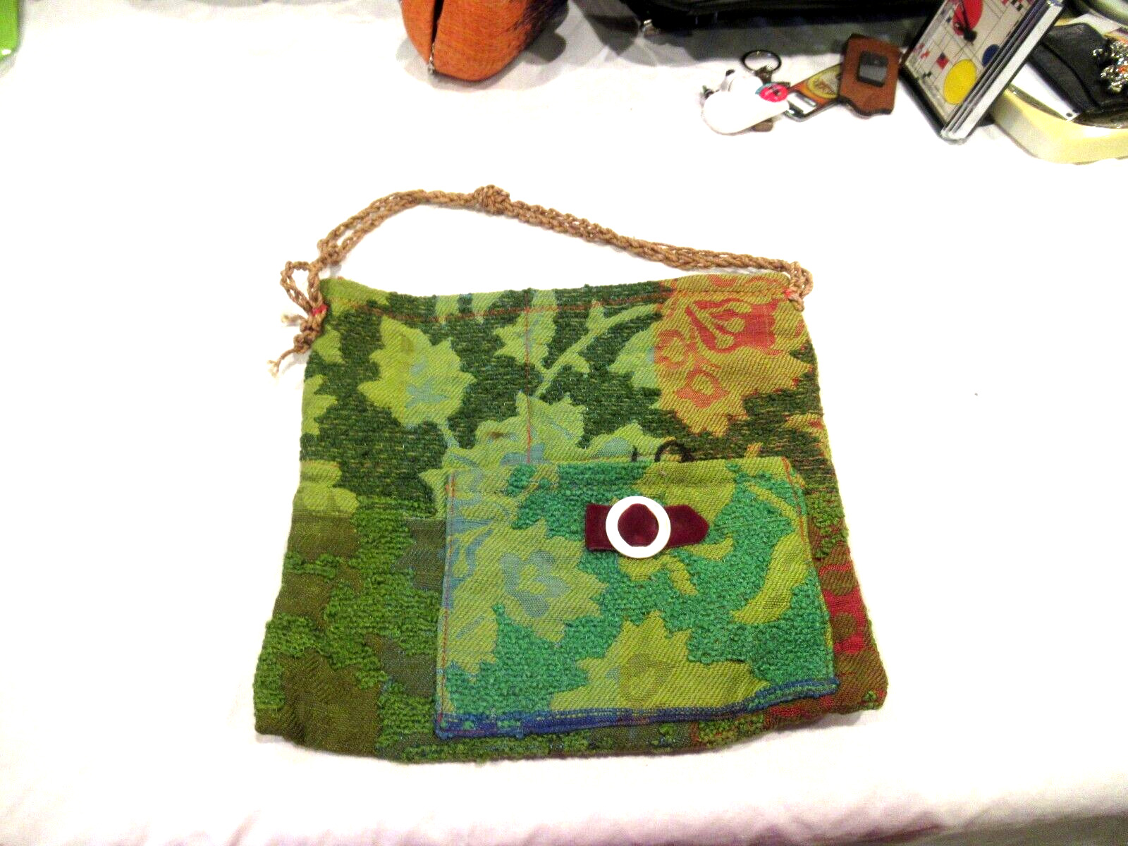Green brocade hippy purse, handmade 1970s - image 1