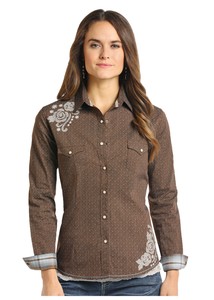 Panhandle-Slim-Women-039-s-Brown-Cactus-amp-Flower-Print-Snap-Up-Shirt-R4S7590
