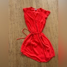 H&M shirt dress button up Women’s Size 8 pleated ribbon waist Coral Orange